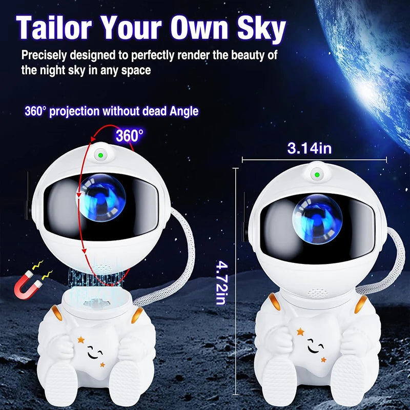 A white astronaut-shaped projector casts a 360 degree galaxy projection onto a dark surface.