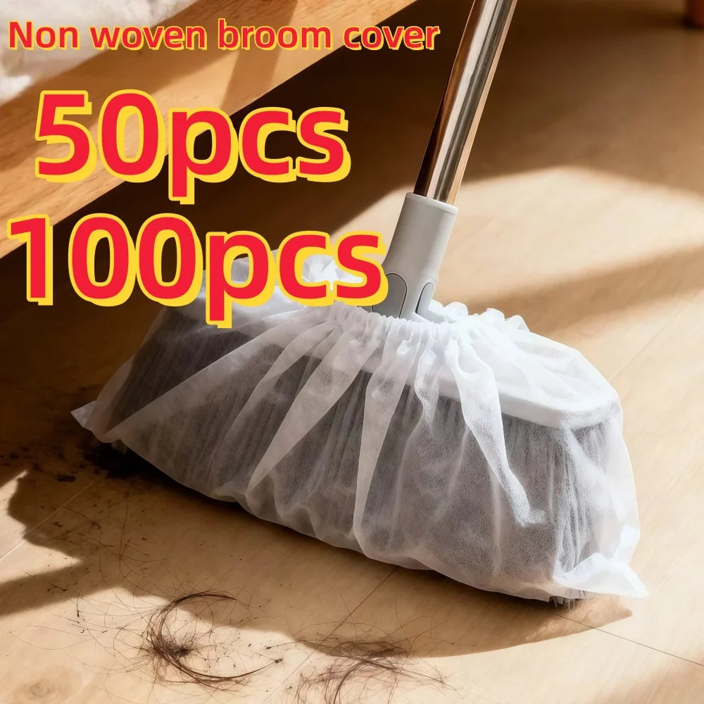 A bundle of 50 or 100 disposable non-woven broom covers being used on a wooden floor.