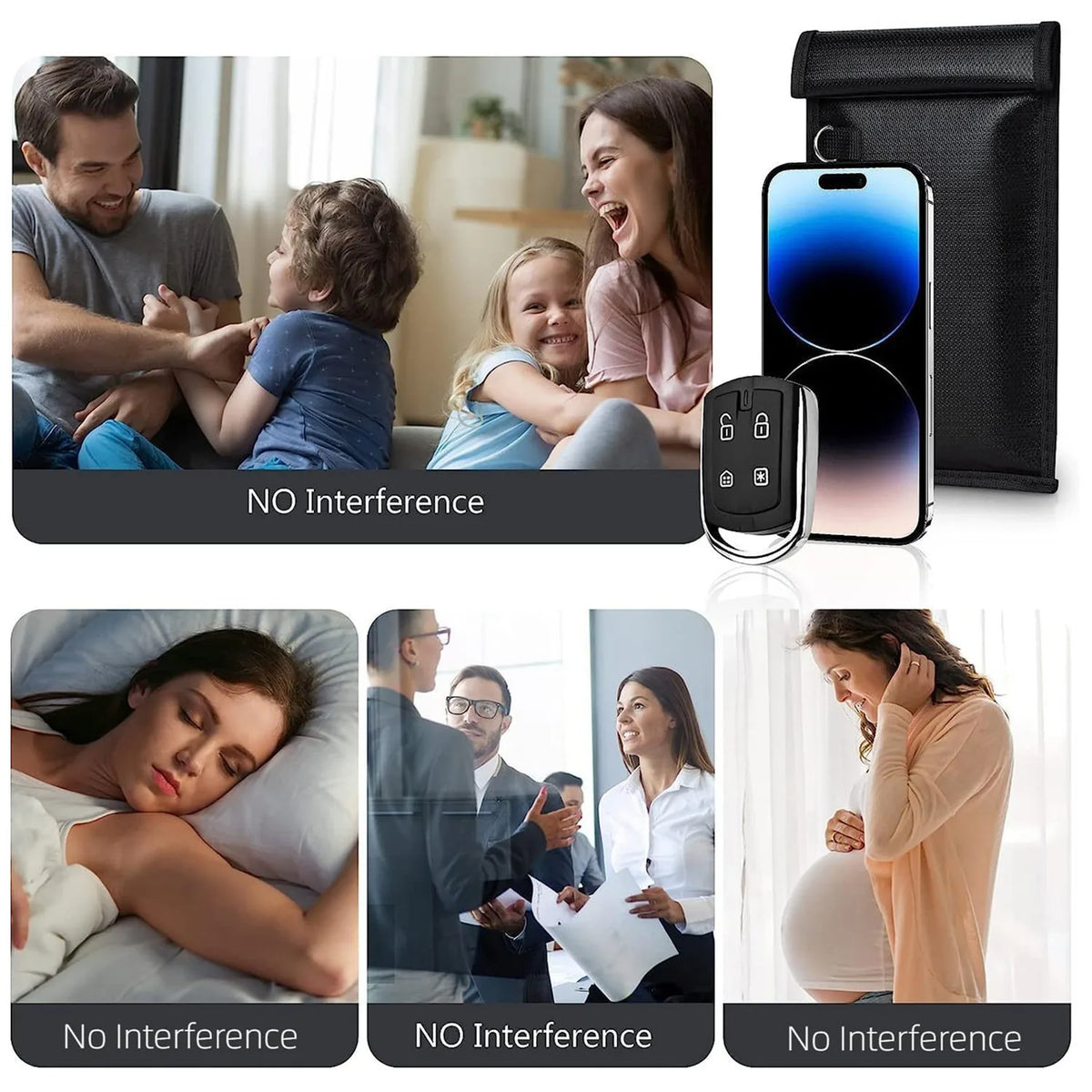 Faraday shield key bag for anti-theft protection shown with various users to demonstrate no interference
