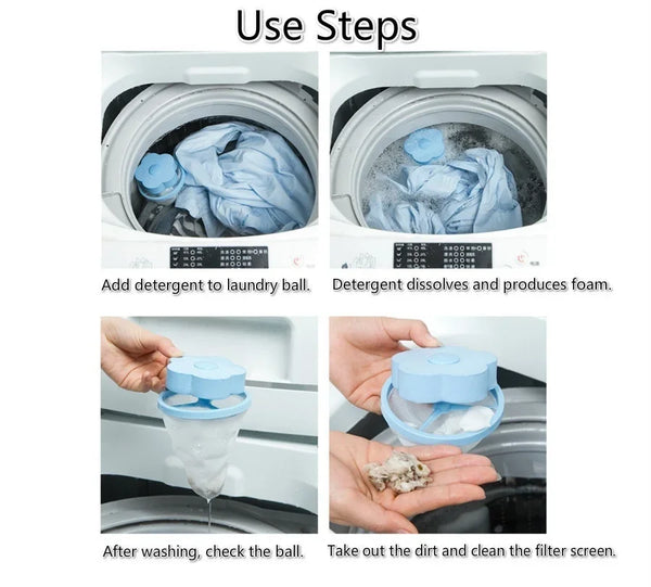 Instructions show how to use a floating laundry mesh filter bag for hair and lint by adding detergent and cleaning the filter