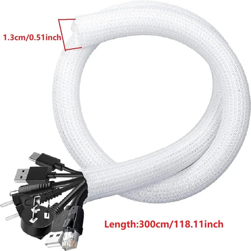 White braided cable sleeve with a flexible loop and black connector, measuring 300cm long.