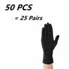 A hand wearing a black disposable nitrile glove is shown, with text indicating 50 pieces or 25 pairs.