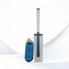 A long-handled disposable toilet brush with a blue and silver handle and bristles is shown against a white background.