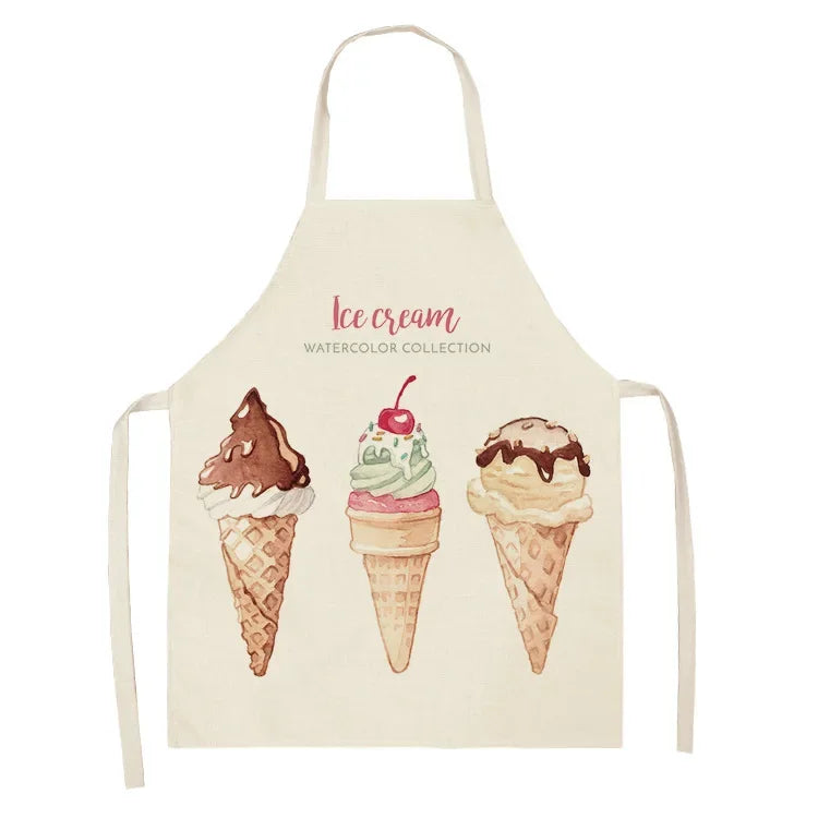 A cream-colored apron featuring watercolor illustrations of ice cream cones.