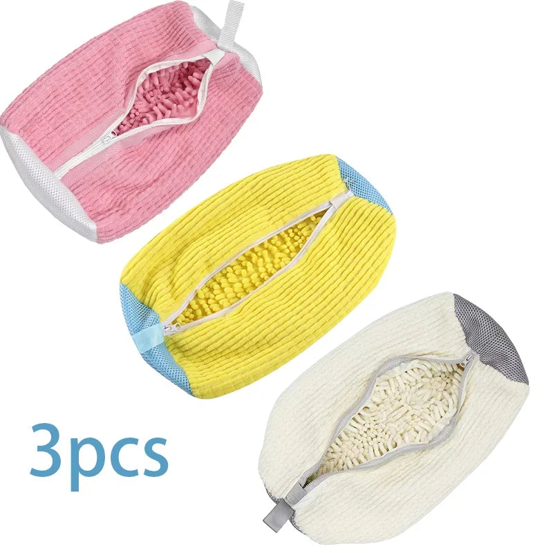 Three reusable shoe washing bags in pink, yellow, and white with invisible zippers.