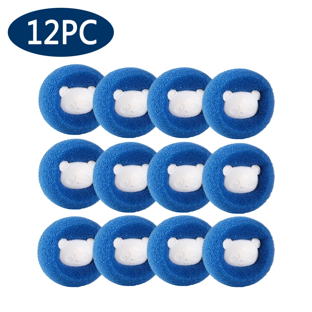 Twelve blue reusable lint and hair remover balls for laundry