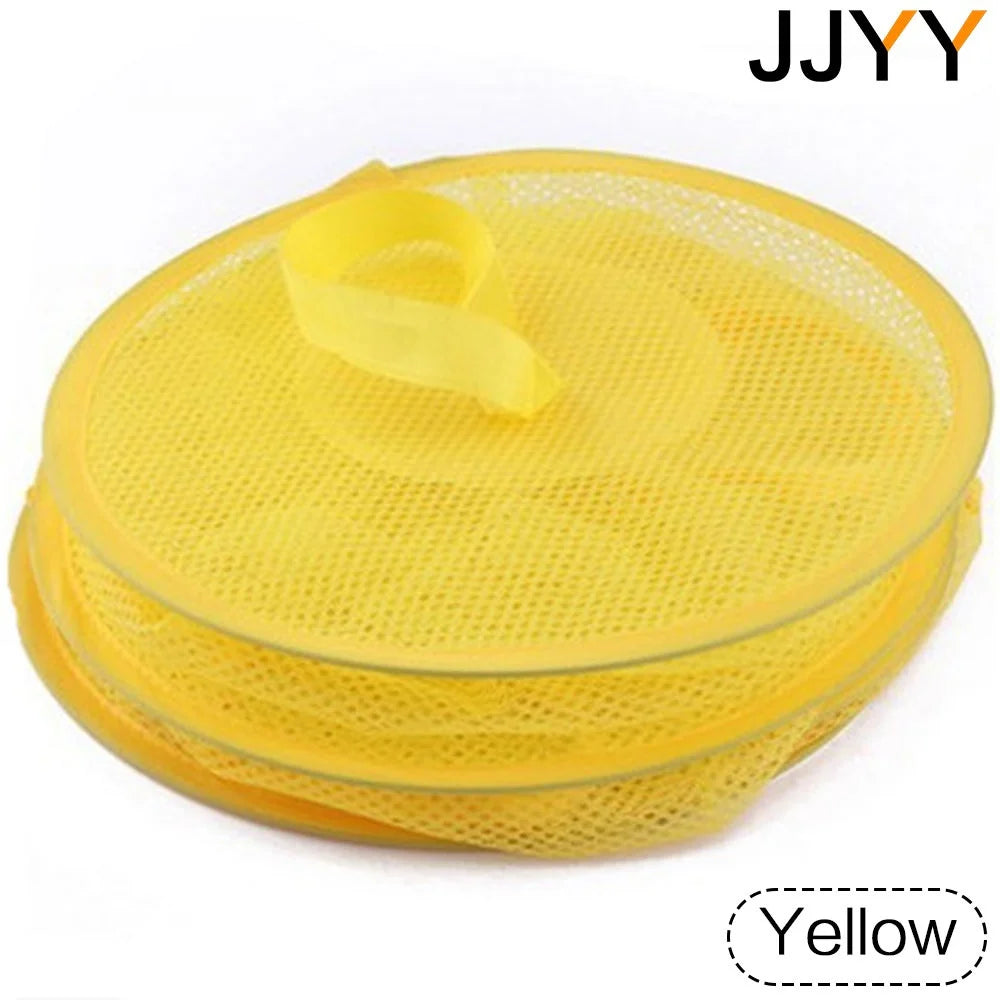 Yellow multi-layer mesh hanging storage organizer with a yellow ribbon