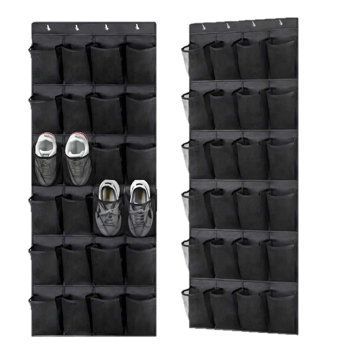 Schwarzer Schuh-Organizer-Halter mit mehreren Fächern zum Aufbewahren von Schuhen.