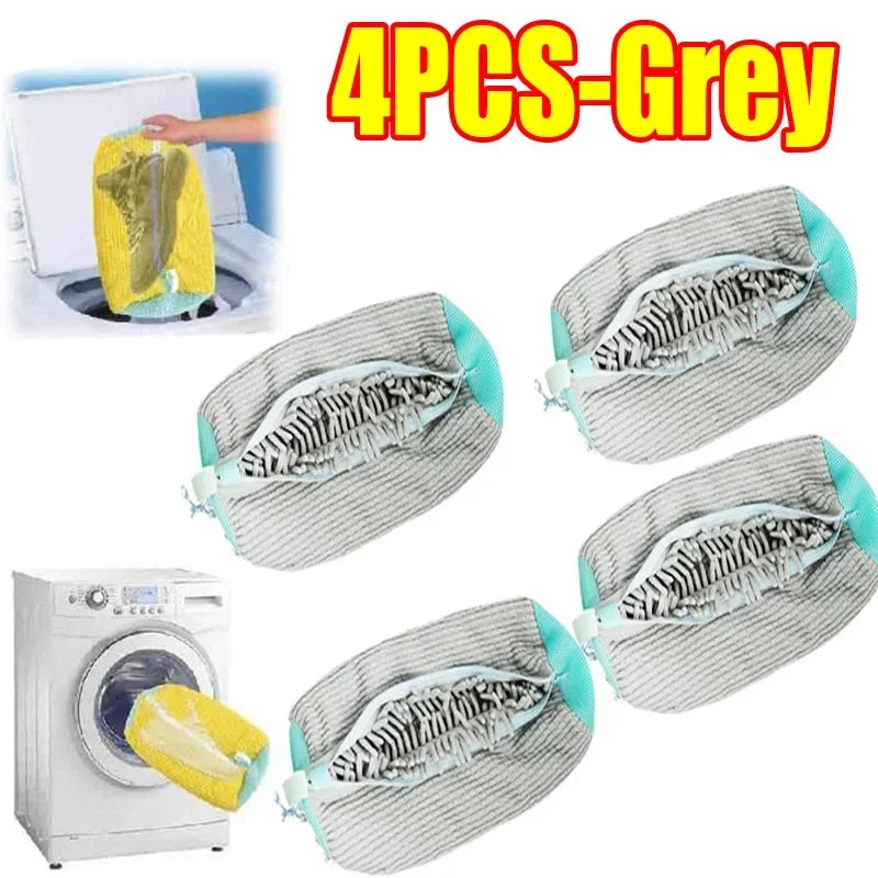 Four grey laundry bags for shoes, including a yellow bag, shown in various angles.