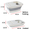 A portable foldable foot bath tub shown in both unfolded and folded states, highlighting its dimensions.