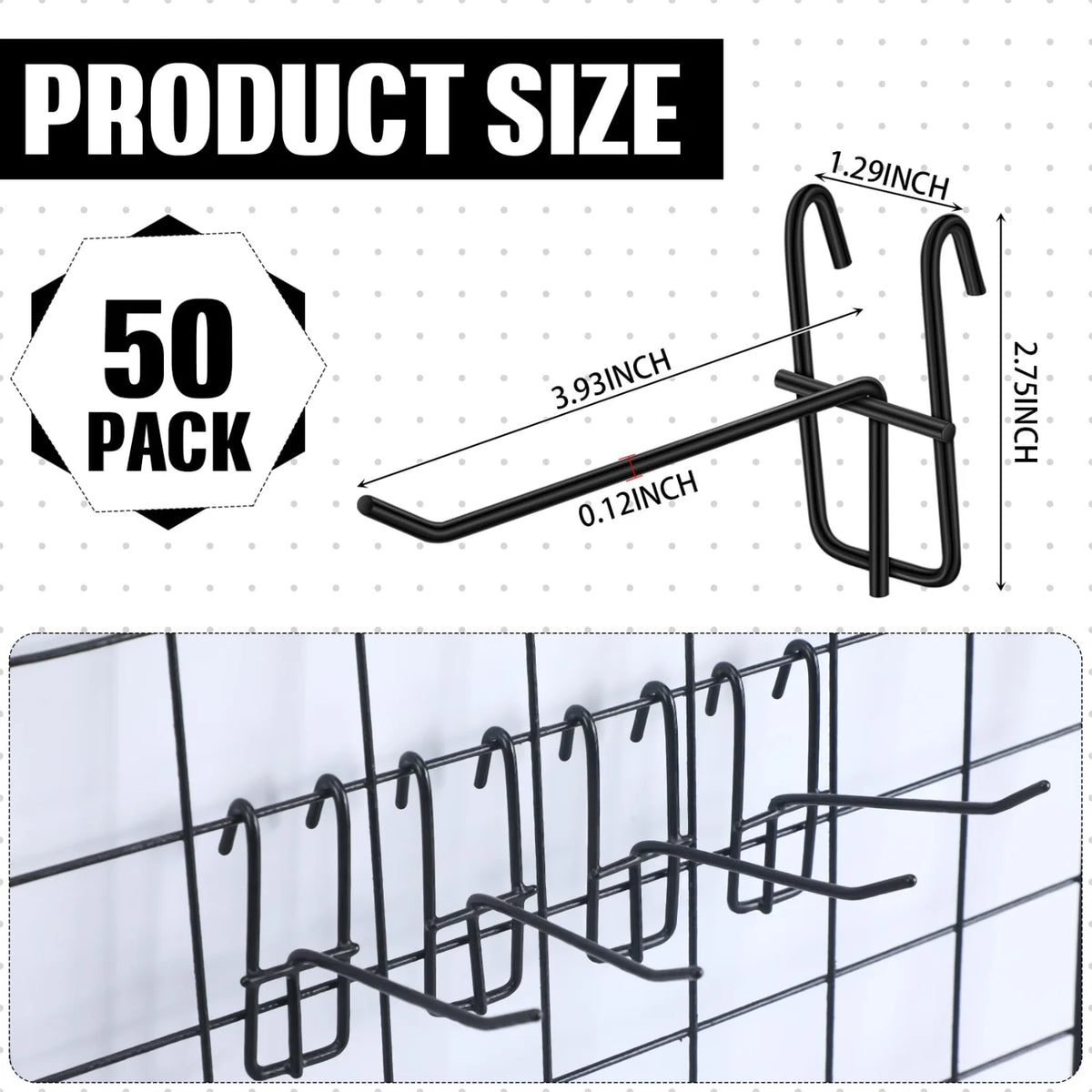 A set of 50 heavy-duty black metal display hooks for retail and home organization, shown with dimensions.