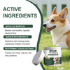 A dog is pictured next to a jar of Kiath Pet Dental Cleaning Powder with active ingredients listed.