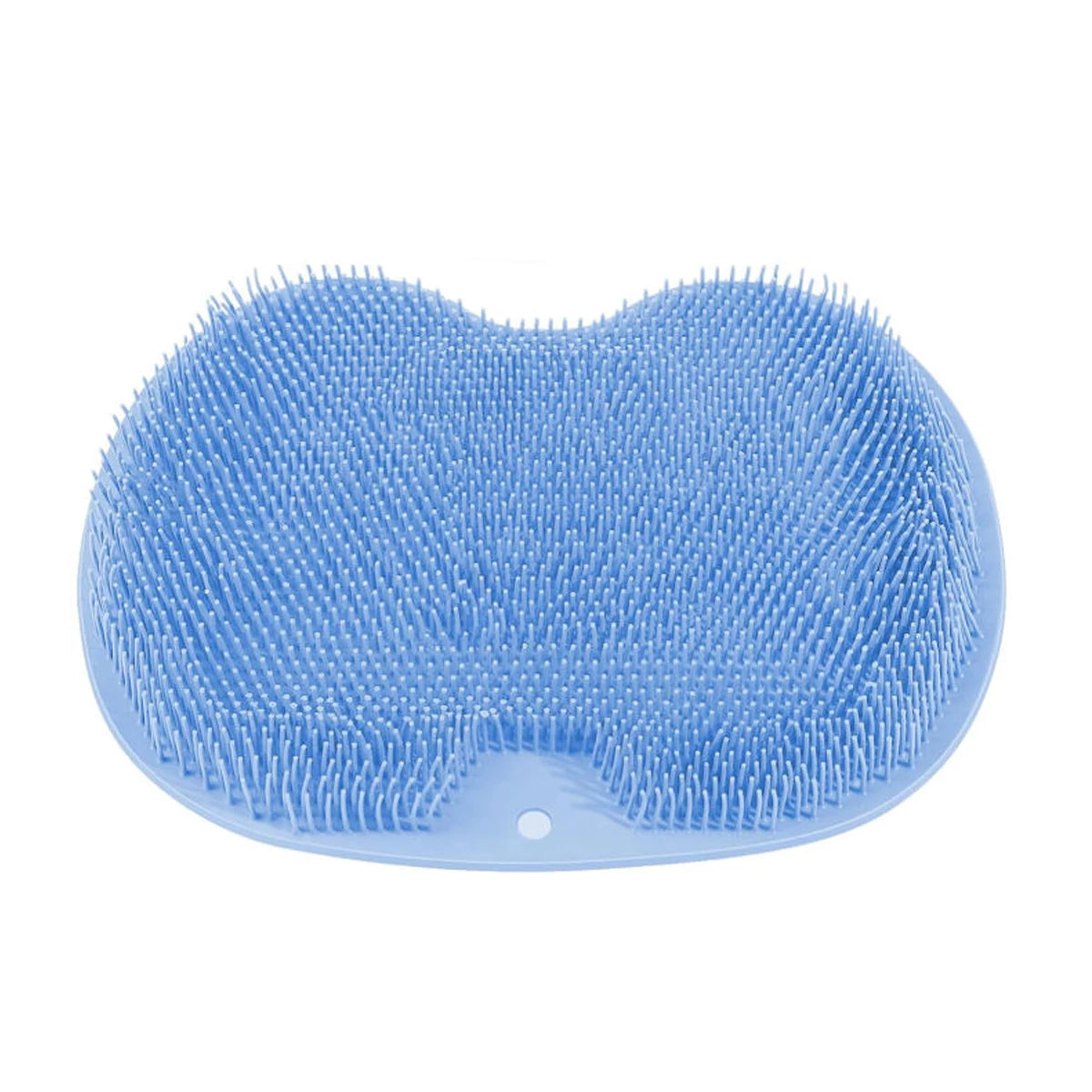 A light blue wall mounted shower foot scrubber with numerous bristles for circulation.