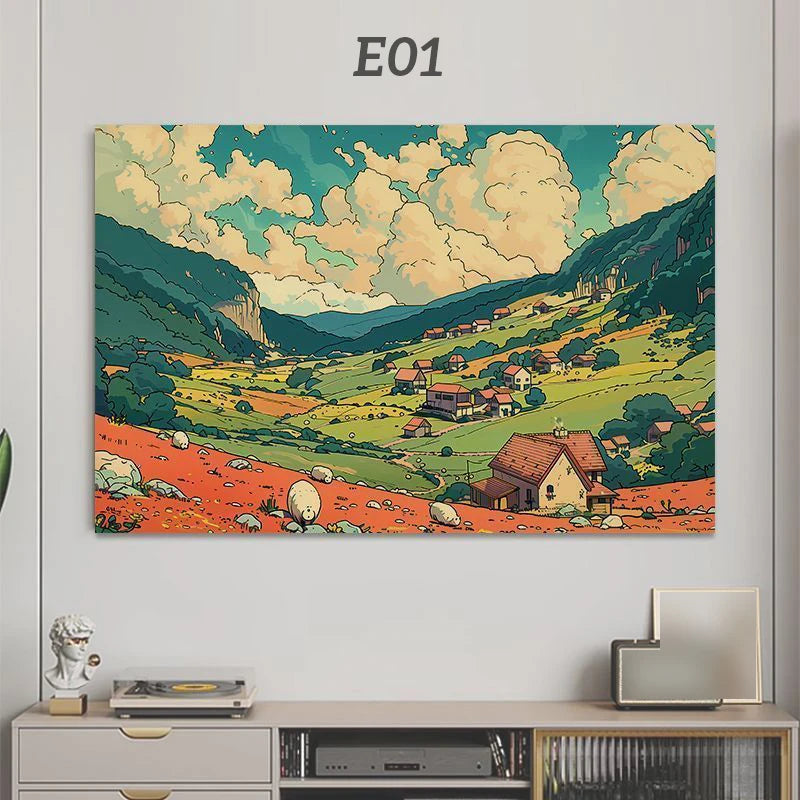 A painting depicting a rolling green landscape under a cloudy sky with distant hills and a house in the foreground.