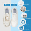 Before and after comparison of a white shoe cleaning process showing hygienic clean, time saving, cloth protection, eco-frien