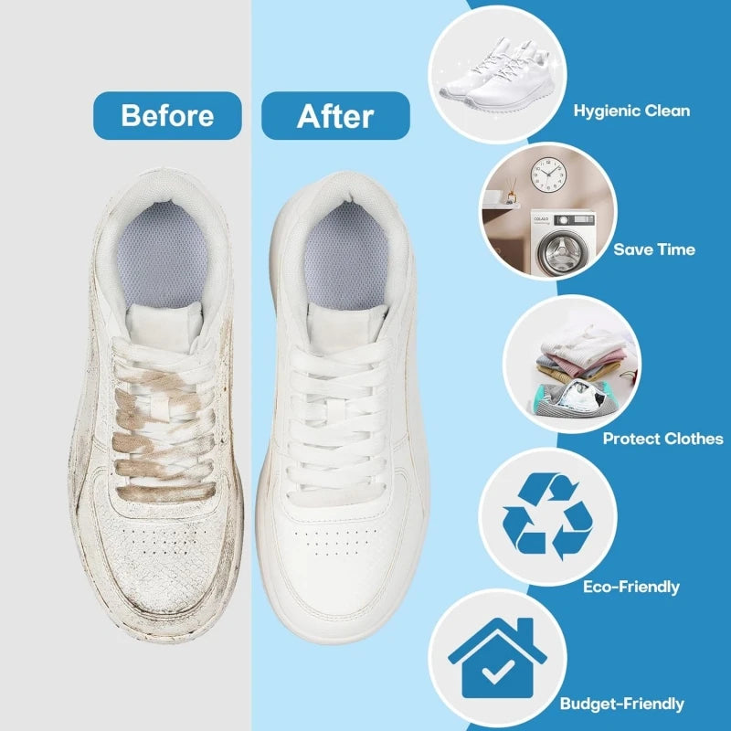 Before and after comparison of a white shoe cleaning process showing hygienic clean, time saving, cloth protection, eco-frien