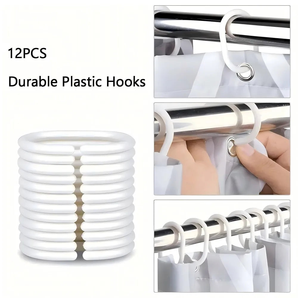 12 pieces of durable white plastic hooks used for hanging shower curtains or fabric.
