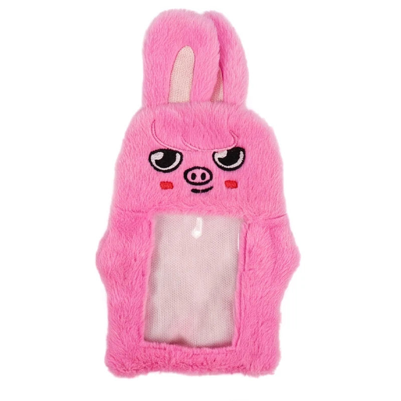 Pink plush doll storage bag with a rabbit face design