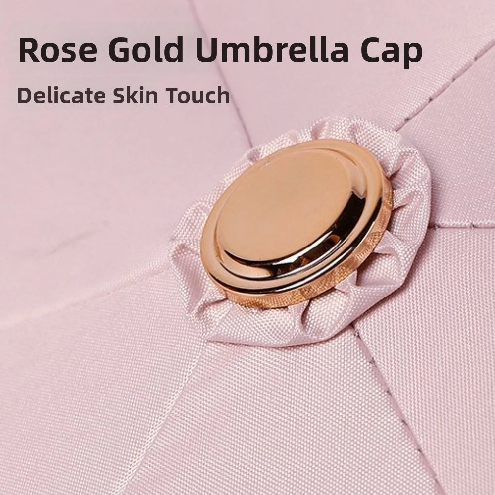 A rose gold umbrella cap is shown resting on pink fabric.