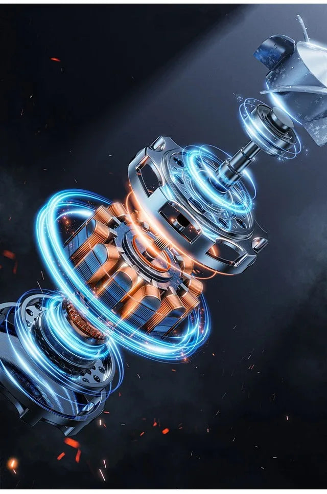 Primer plano de un fregador eléctrico plateado con efectos de energía azul brillante contra un fondo oscuro.