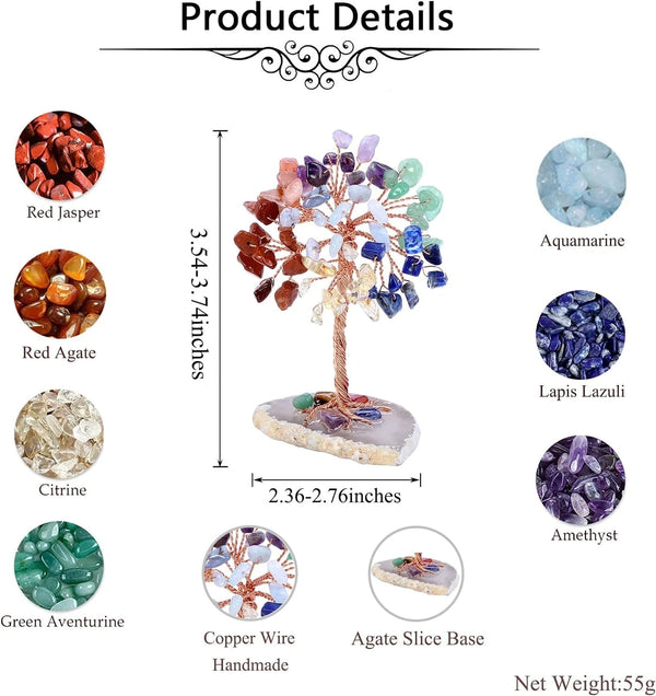 A handmade crystal tree decor featuring various minerals including Jasper, Agate, Citrine, Aventurine, and Amethyst.