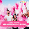 A group of people celebrating with vibrant pink color powder during a gender reveal event.