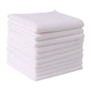 A stack of ten white reusable microfiber cleaning cloths.