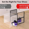 Stackable clear plastic shoe storage boxes with front doors showing various sized shoes and accessories