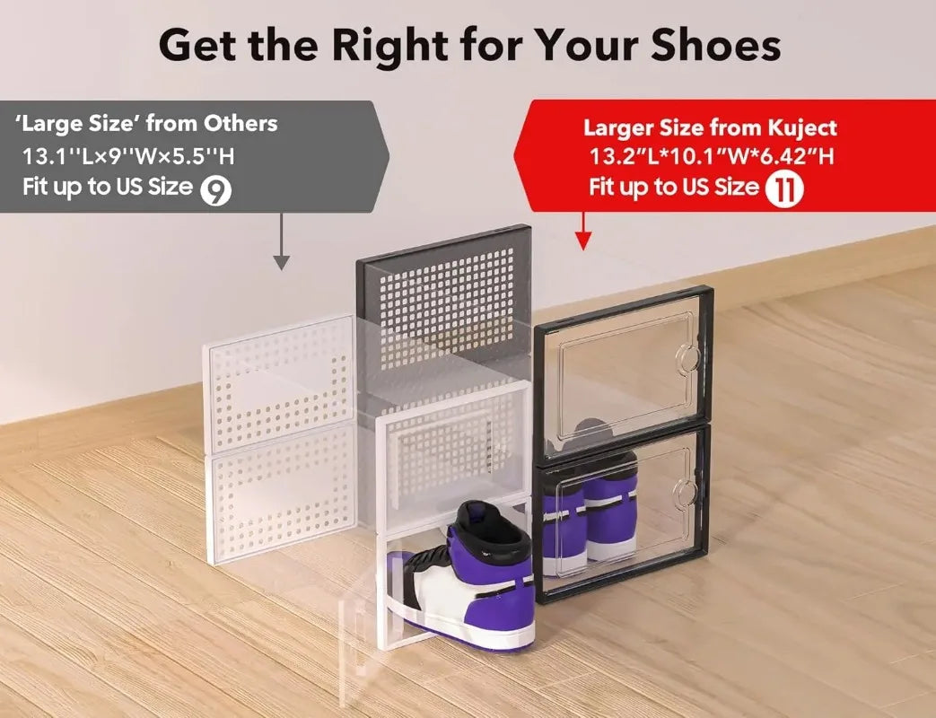 Stackable clear plastic shoe storage boxes with front doors showing various sized shoes and accessories