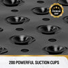 A close-up view of a dark bathtub mat featuring 200 powerful suction cups for non-slip grip.