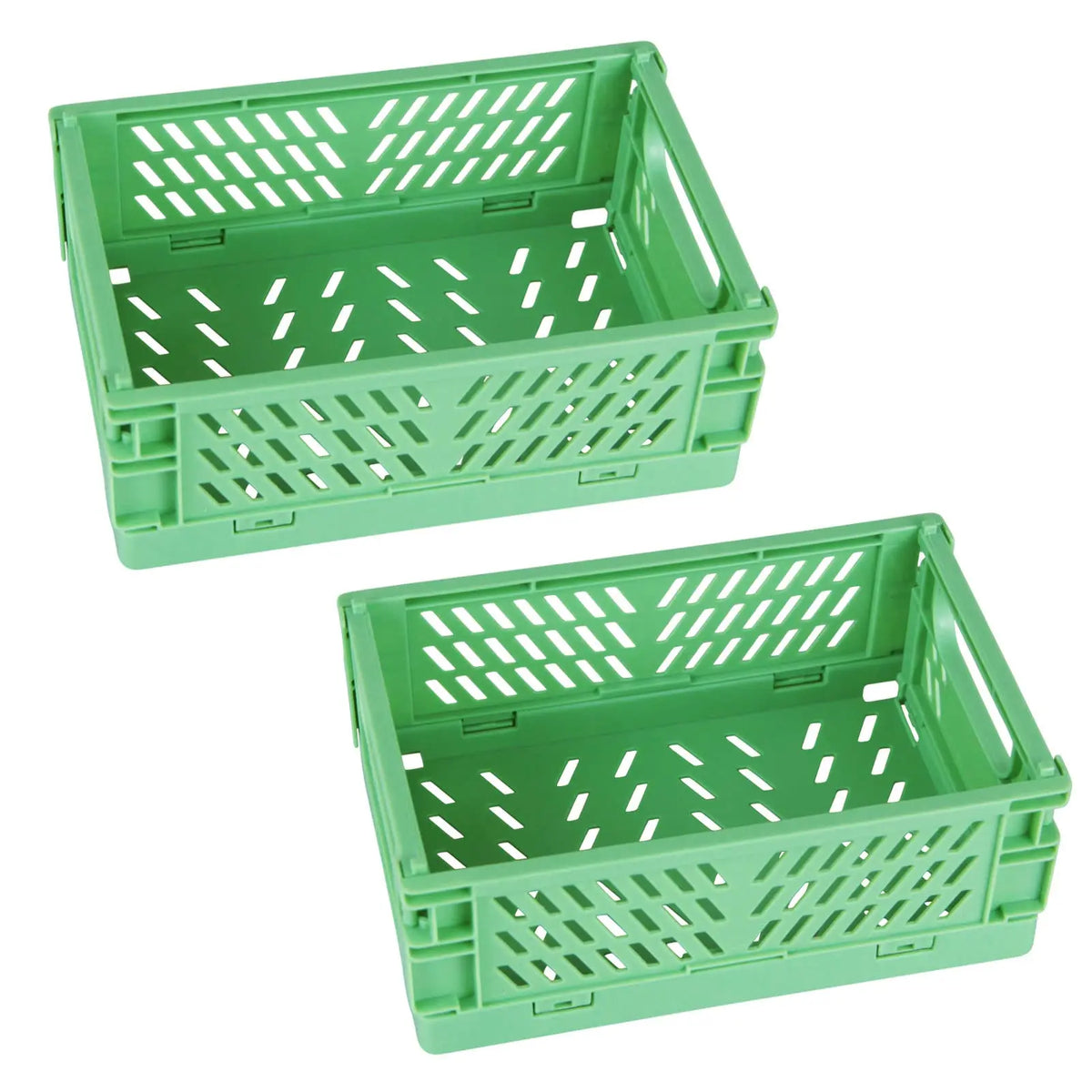 Two green foldable plastic storage baskets with perforated bottoms and handles.