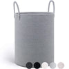 A large gray woven storage hamper with handles shown from the front.