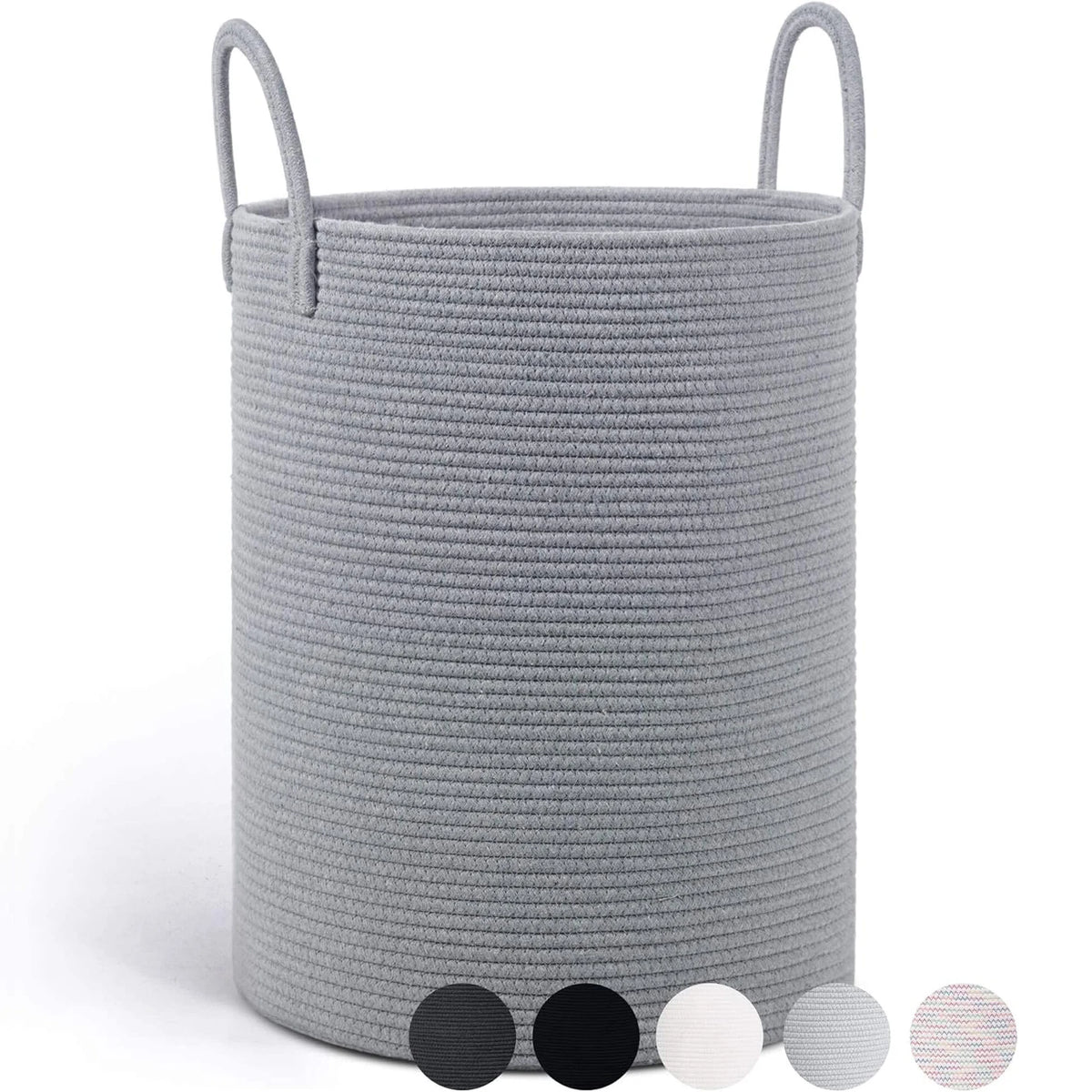 A large gray woven storage hamper with handles shown from the front.