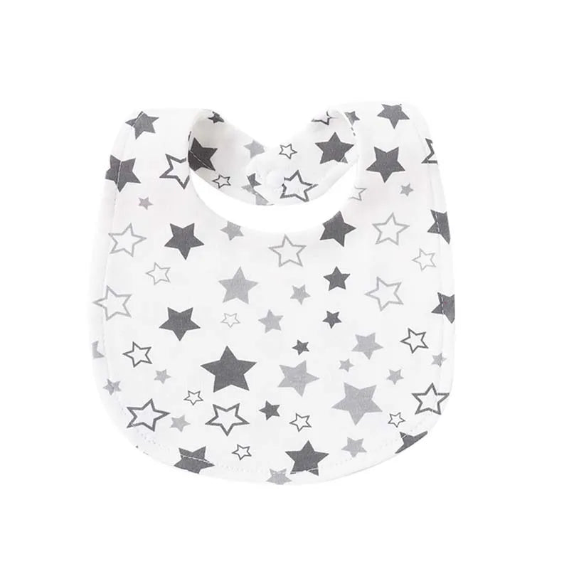 A pack of white soft cotton baby bibs featuring various cute star prints.