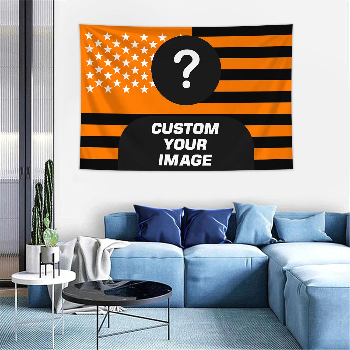Individuelle Flaggen-Tapisserie mit amerikanischen Streifen und Sternen an der Wand.