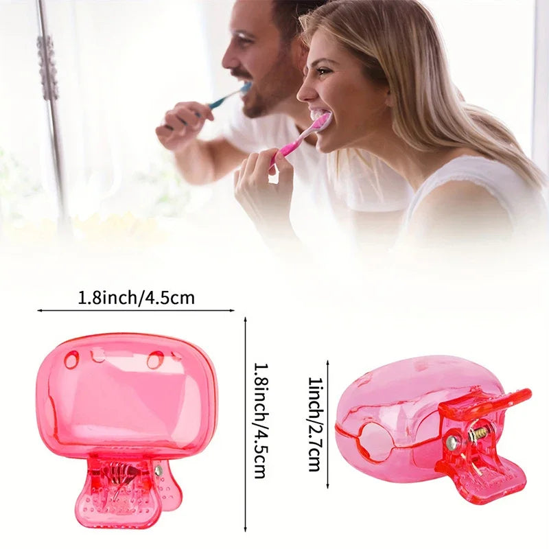 Pink protective cap for toothbrush holders shown with a disassembled view and in use.