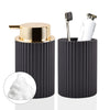 A black corrugated dispenser holds a white foaming soap and a brush toothbrush holder.