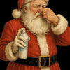 A portrait of a man with a white beard wearing a red Santa hat and coat, looking distressed.