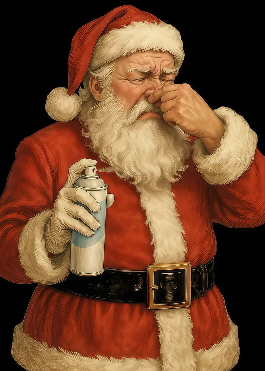 A portrait of a man with a white beard wearing a red Santa hat and coat, looking distressed.