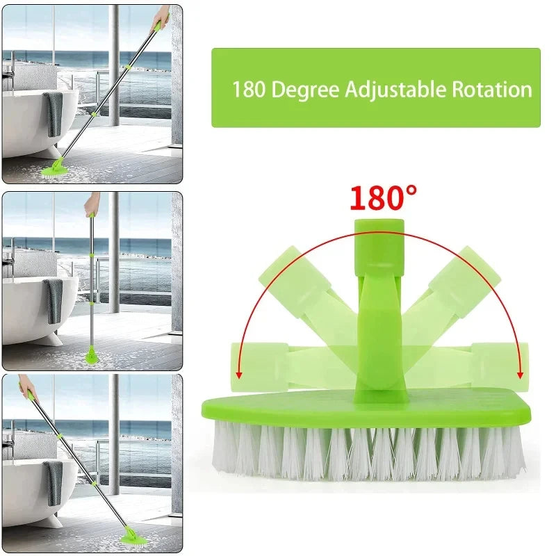 A green retractable triangular floor brush with 180-degree adjustable rotation is shown cleaning a tiled floor.