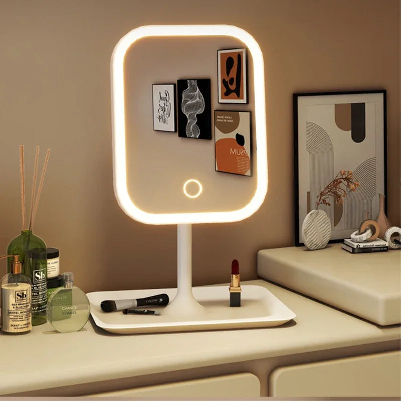 An LED desktop vanity mirror with adjustable lighting displaying various cosmetic products.