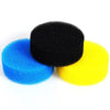 Three spherical replacement filter media in black, blue, and yellow colors.