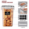 A clear airtight storage container filled with egg biscuits, showing various sealing and labeling components.