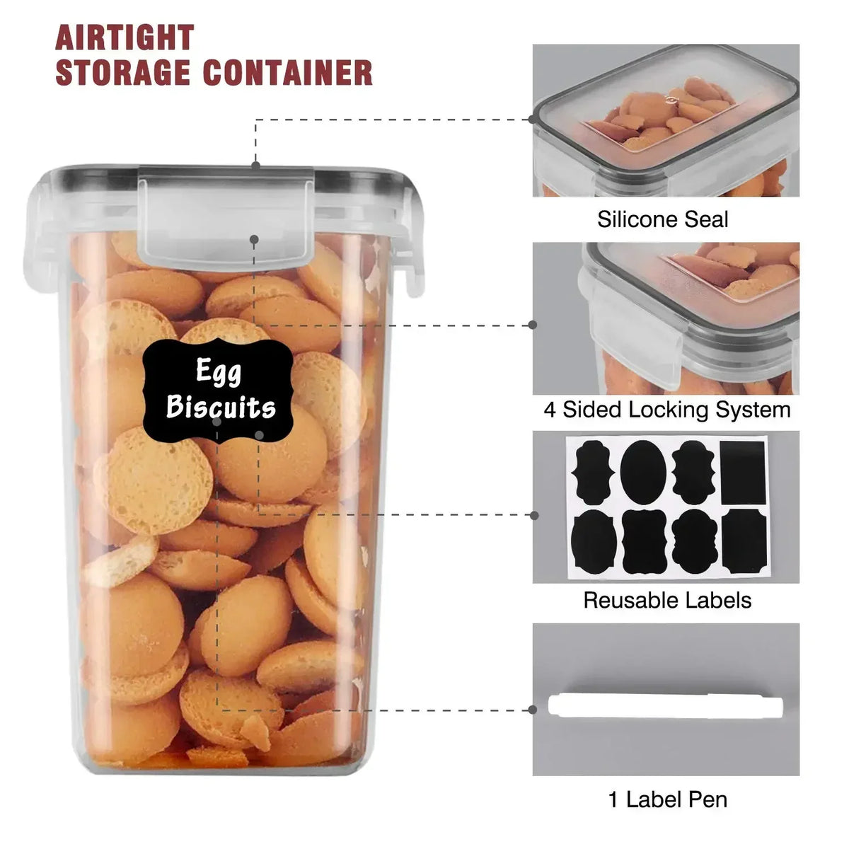 A clear airtight storage container filled with egg biscuits, showing various sealing and labeling components.