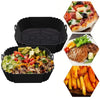Reusable silicone air fryer liners showing various food items like pizza, meat, and fries in black molds.