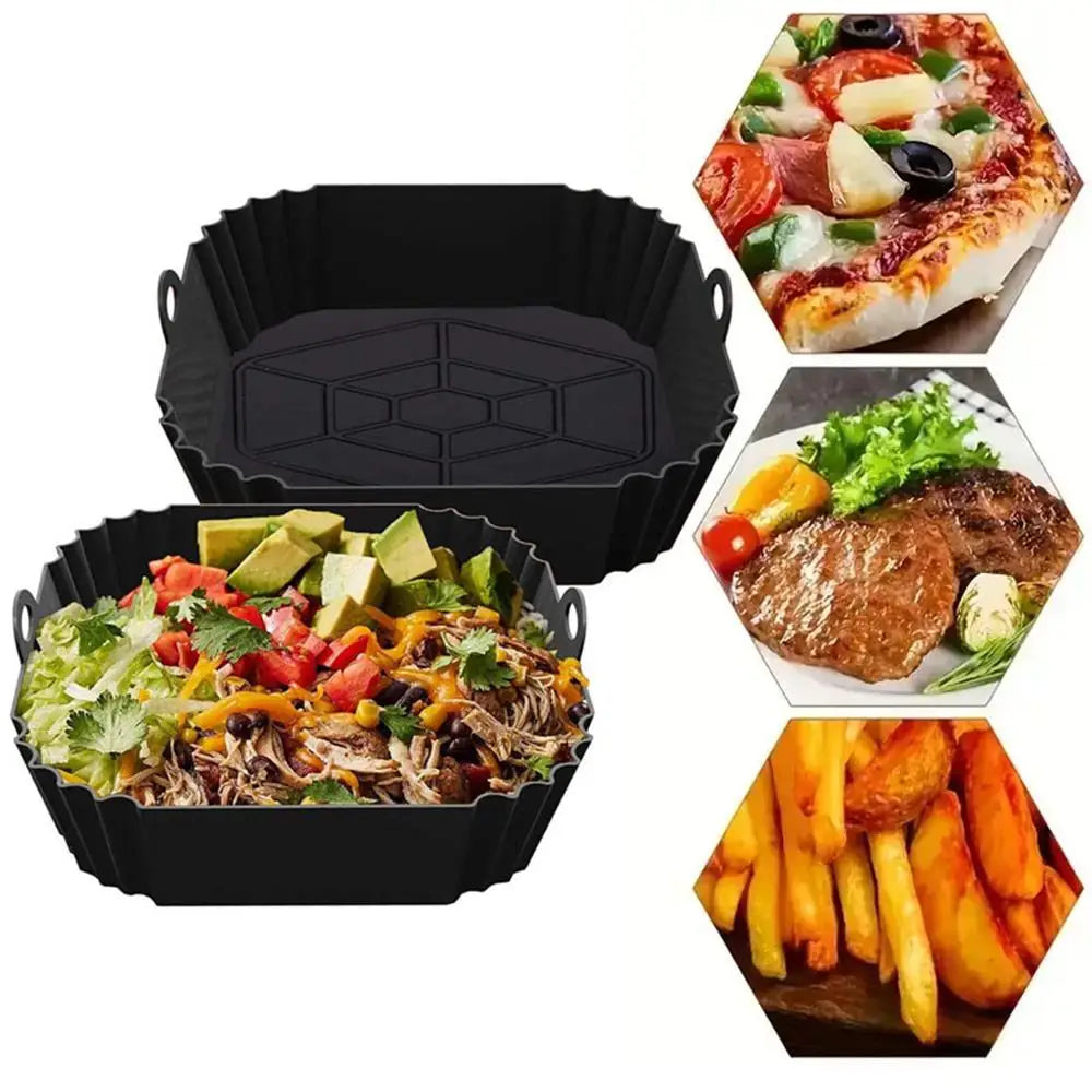 Reusable silicone air fryer liners showing various food items like pizza, meat, and fries in black molds.