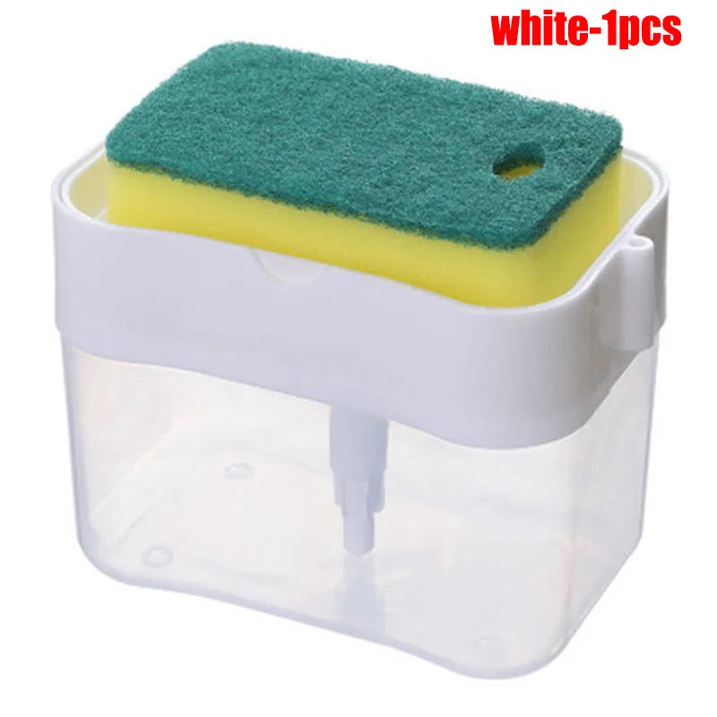 White 1 piece portable press-type liquid soap dispenser with a green sponge applicator.