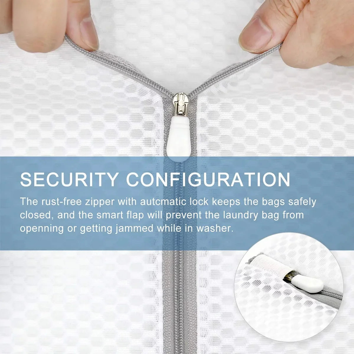 Close-up of a gray mesh laundry bag featuring a rust-free zipper with an automatic lock and a smart flap for security.