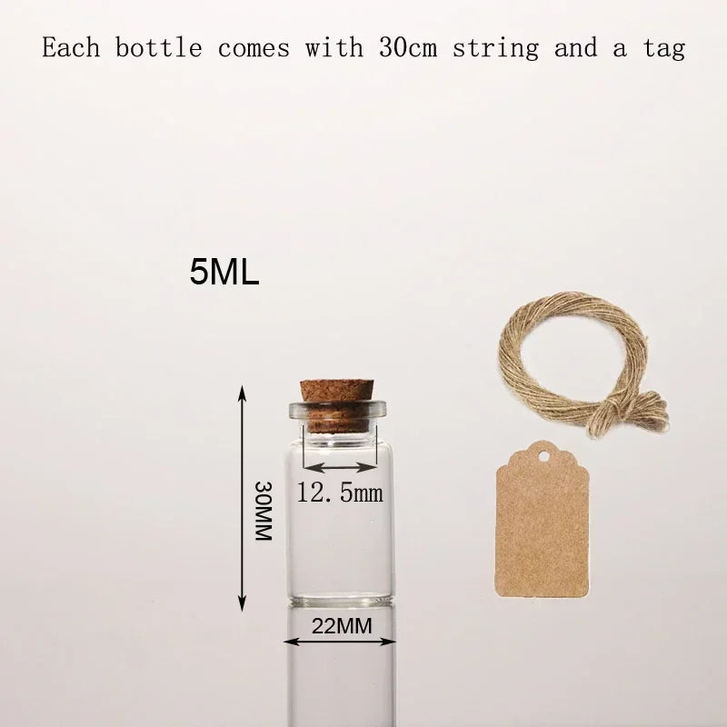 A clear glass bottle with a cork and a tag is shown next to a measuring scale.