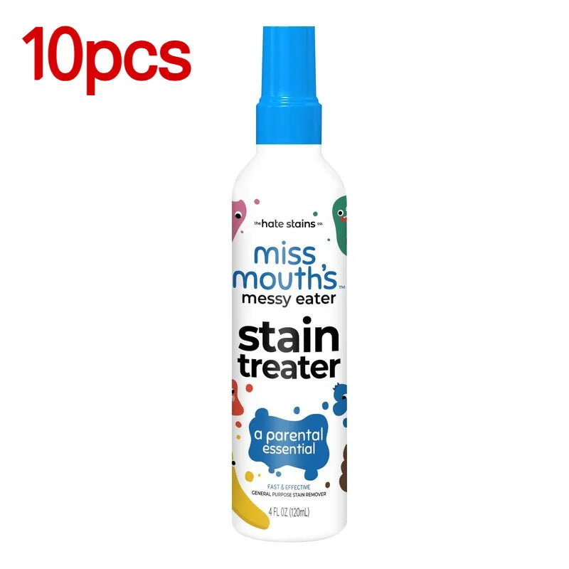 A bottle of miss mouth's messy eater stain treater product for fabric stains.